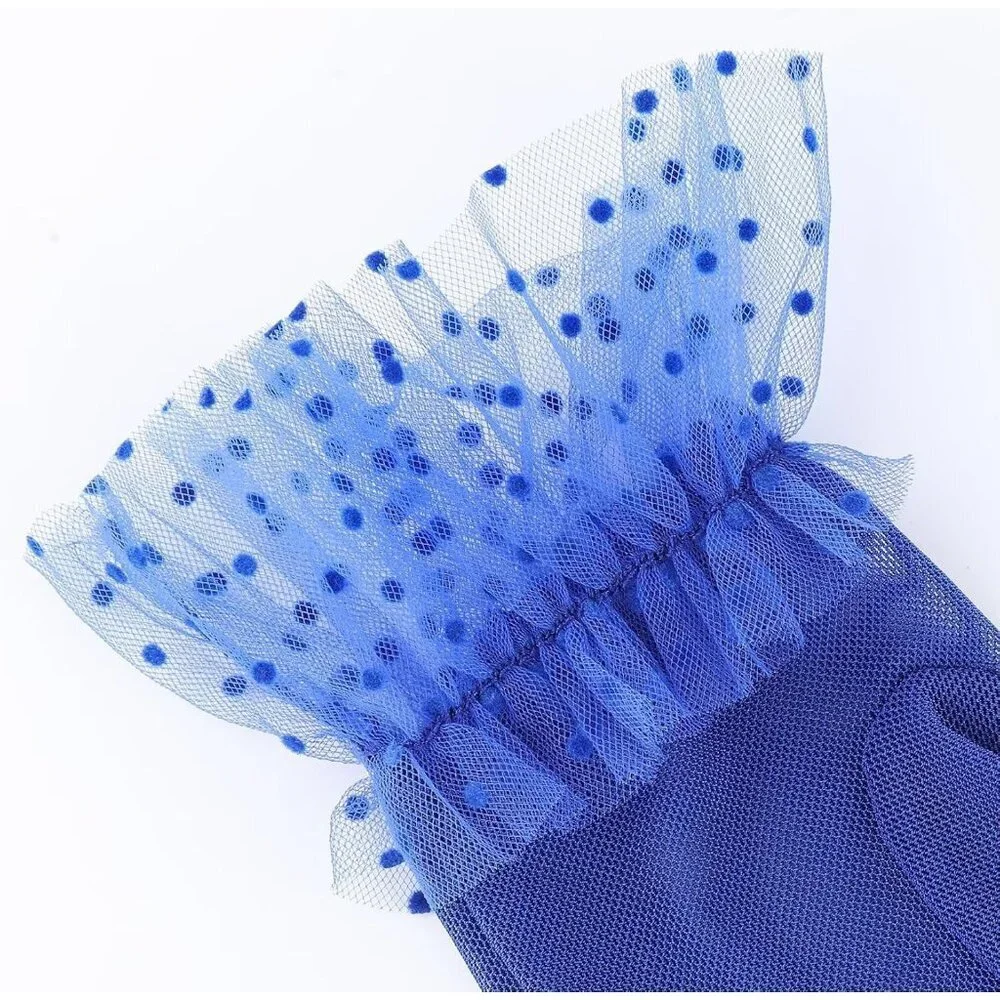 Women's Short Lace Royal Blue Sheer Mesh Tea Party Prom Gloves Banquet Costume